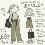 グレーのテレコハイネックとカーキのベイカーパンツに、黒の縦型トートとスニーカーを合わせた手描きコーデイラスト。ジョージも一緒。