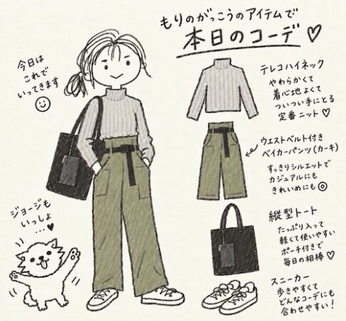 グレーのテレコハイネックとカーキのベイカーパンツに、黒の縦型トートとスニーカーを合わせた手描きコーデイラスト。ジョージも一緒。